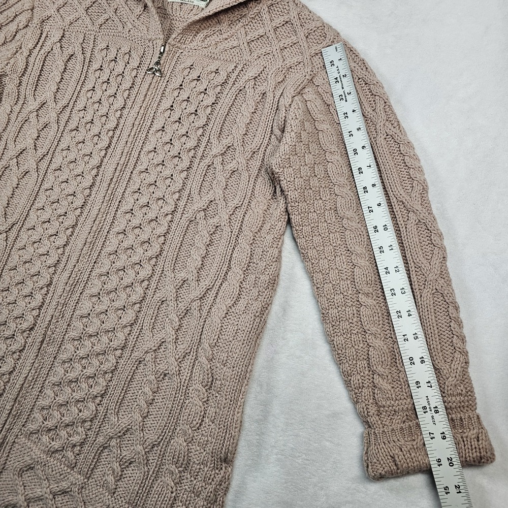 Aran Crafts Irish Wool Cable Knit Full Zip Cardigan Hoodie Womens XS Toupe Long - Picture 14 of 15